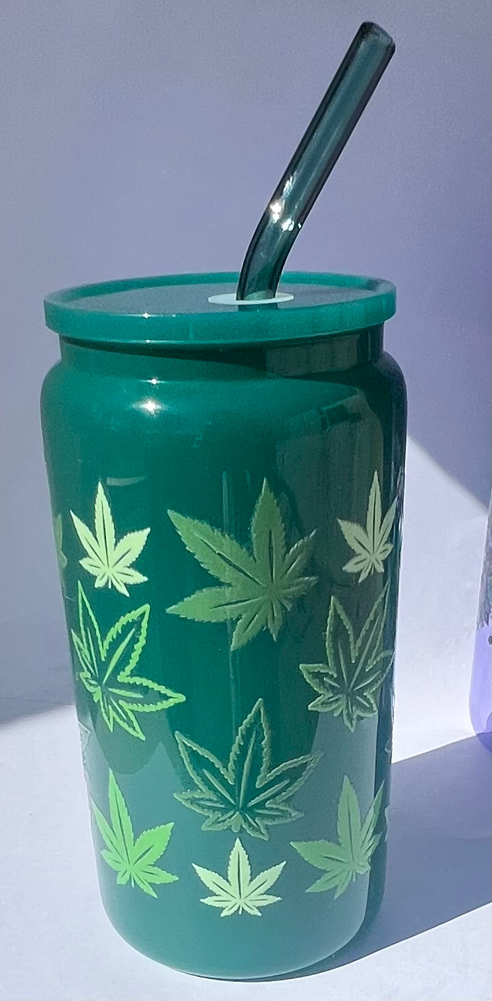 Green Leaf 16oz Glass Tumbler