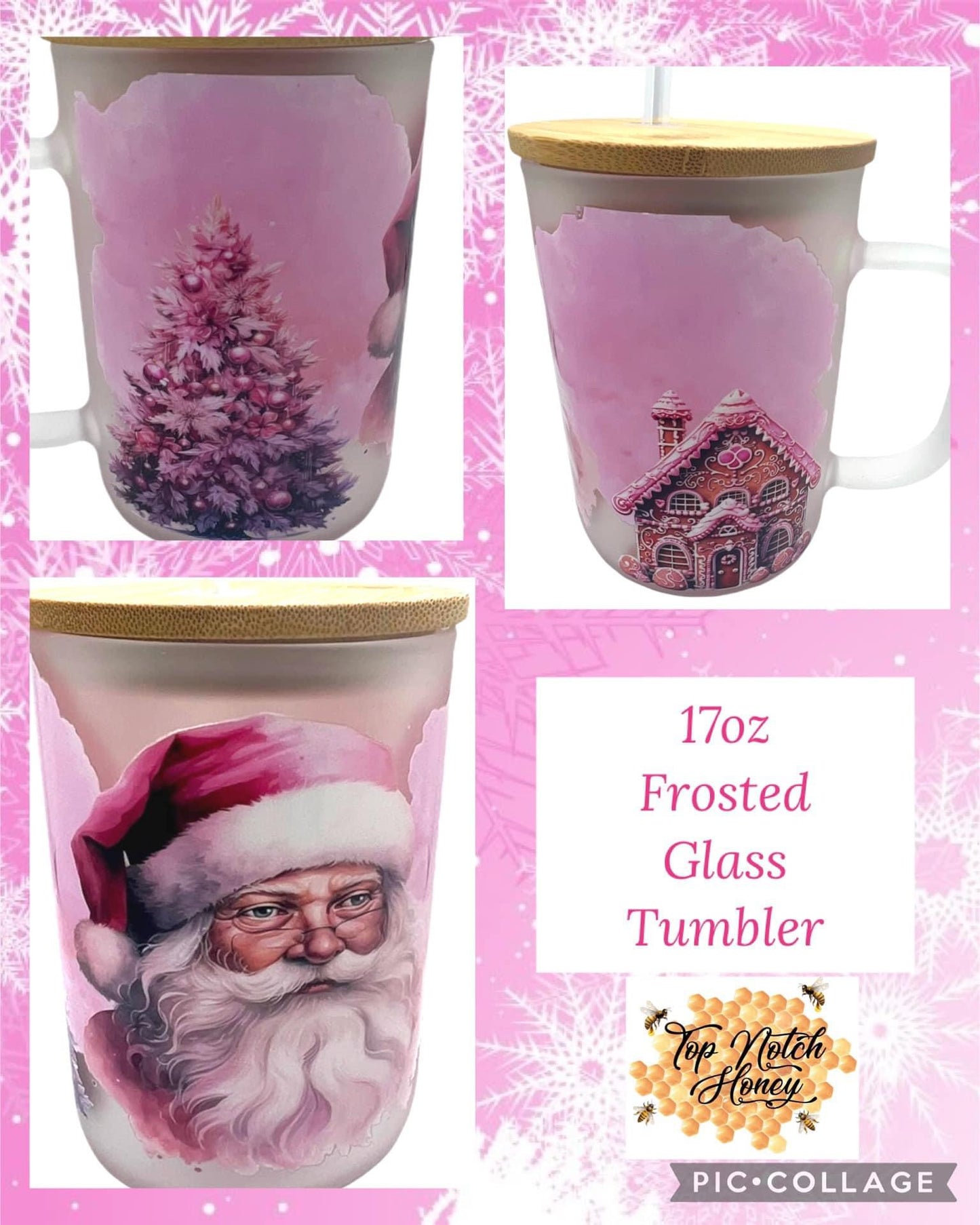 Pink Christmas 17oz Frosted Glass Tumbler