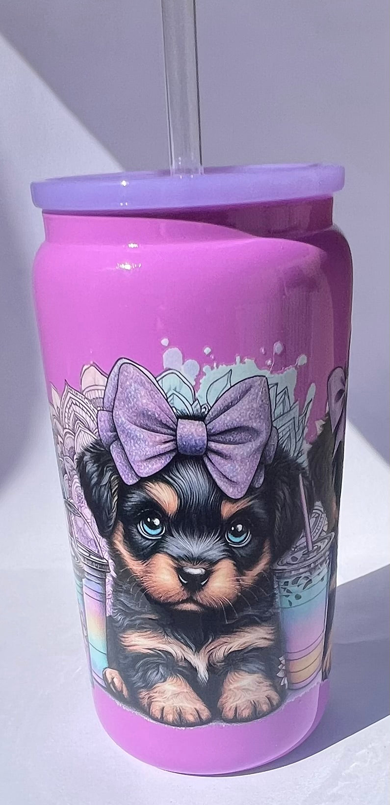 Two tone Purple 16oz glass tumbler puppy design
