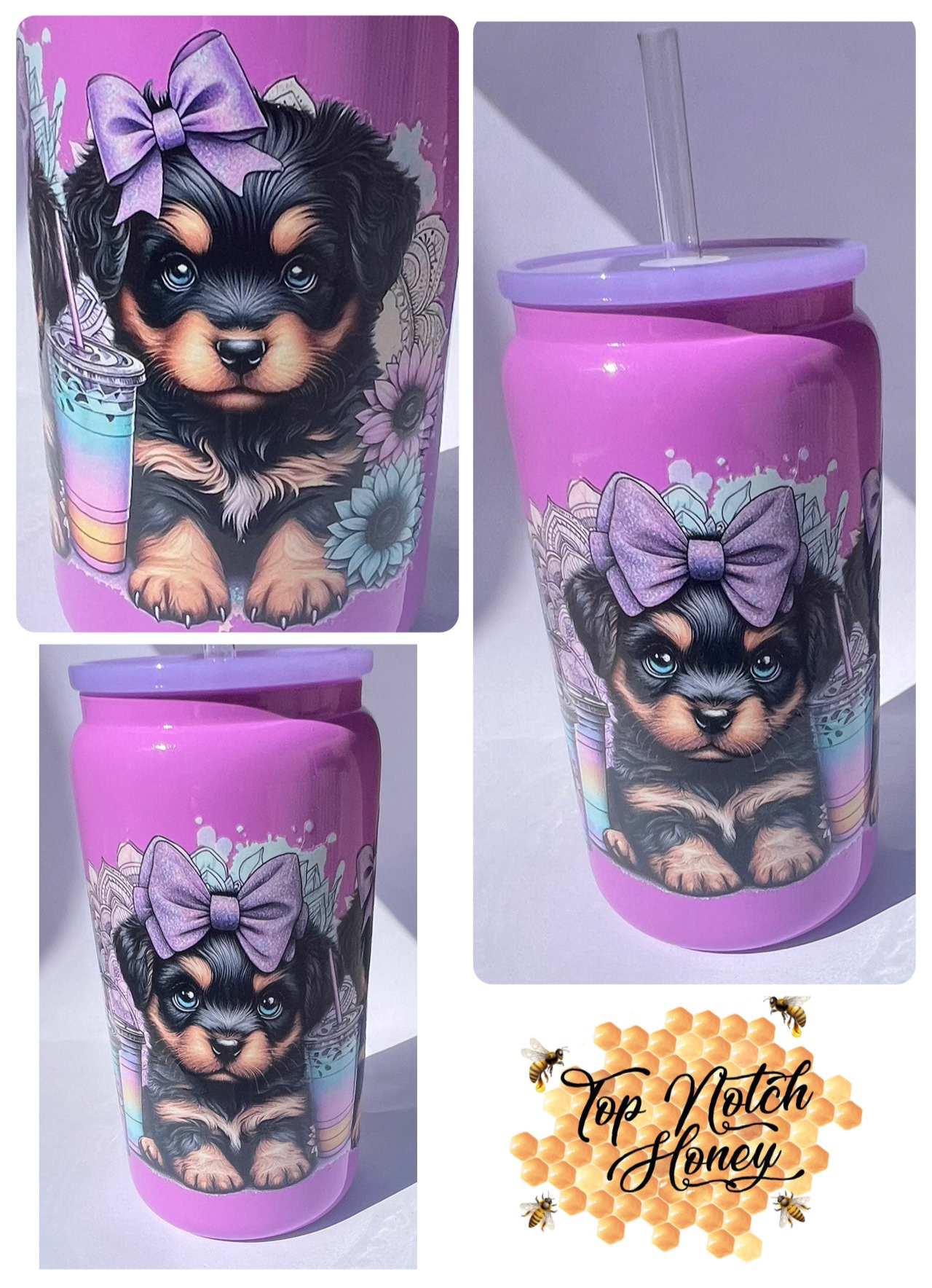Two tone Purple 16oz glass tumbler puppy design