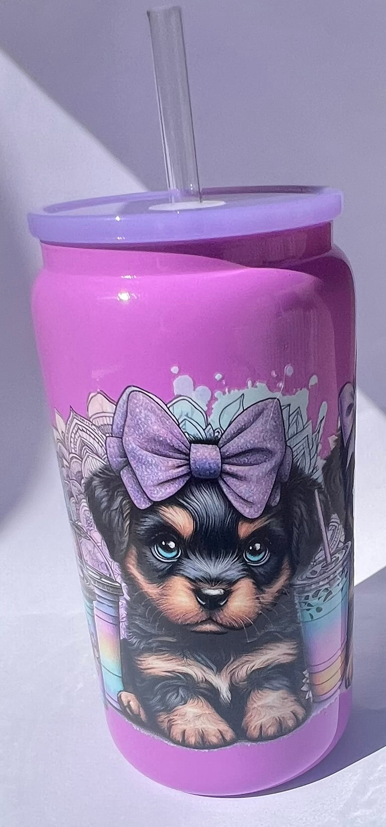 Two tone Purple 16oz glass tumbler puppy design