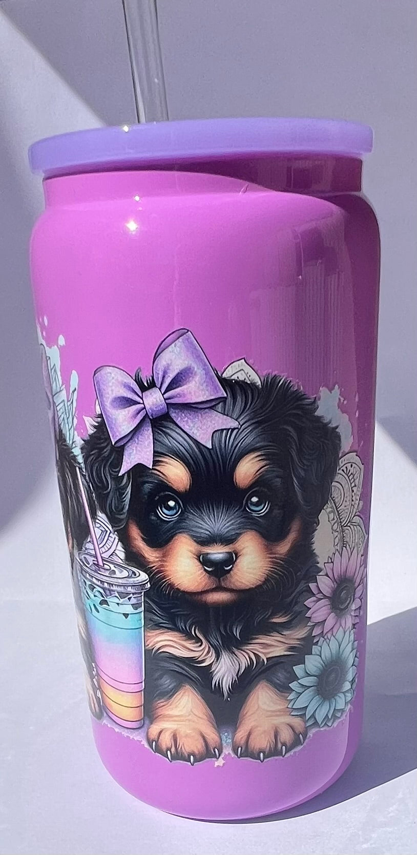 Two tone Purple 16oz glass tumbler puppy design