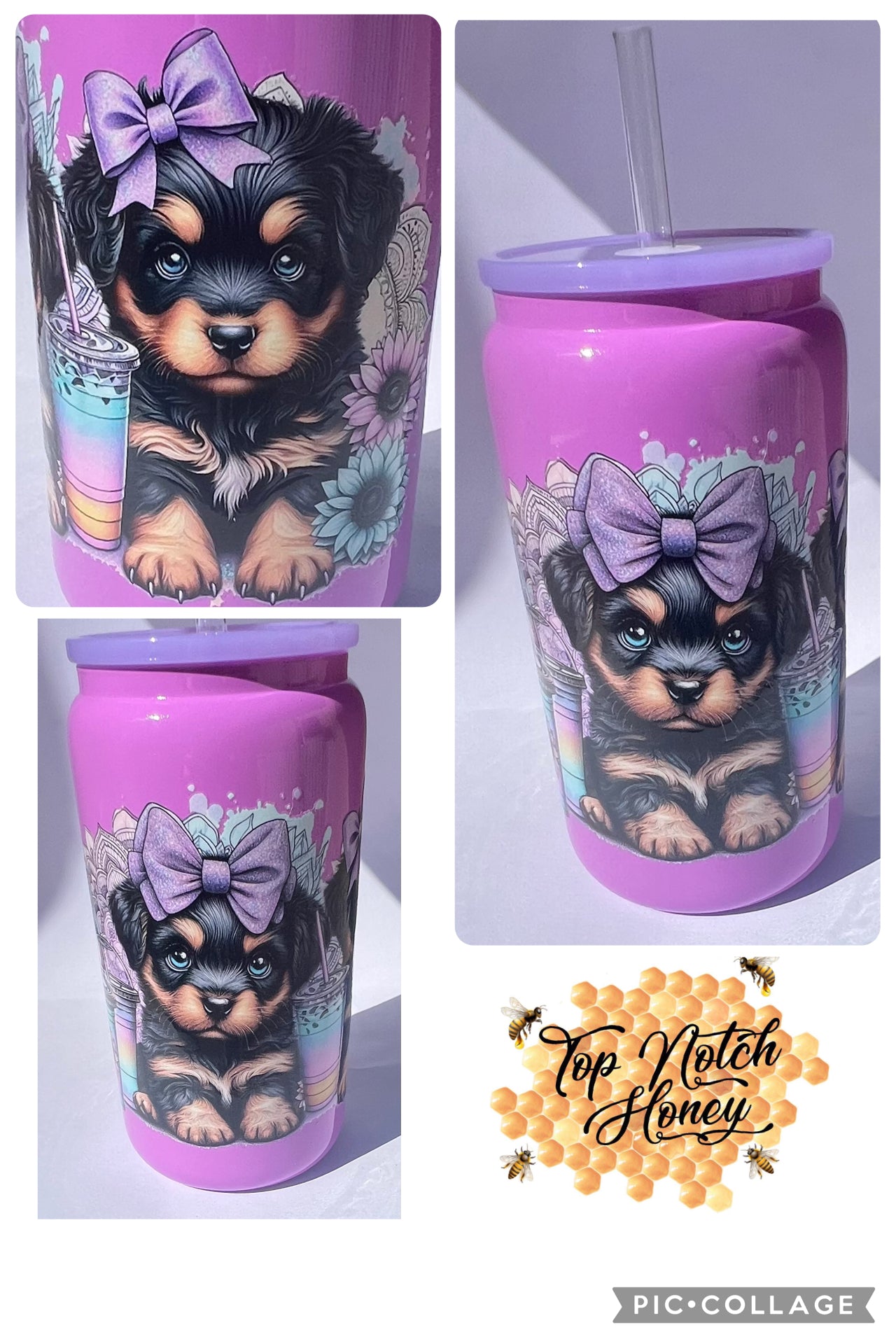 Two tone Purple 16oz glass tumbler puppy design