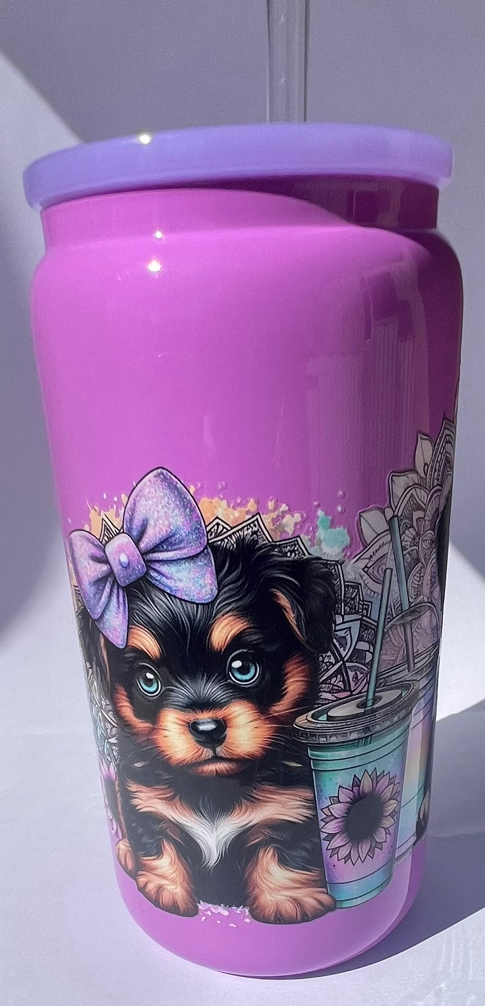 Two tone Purple 16oz glass tumbler puppy design